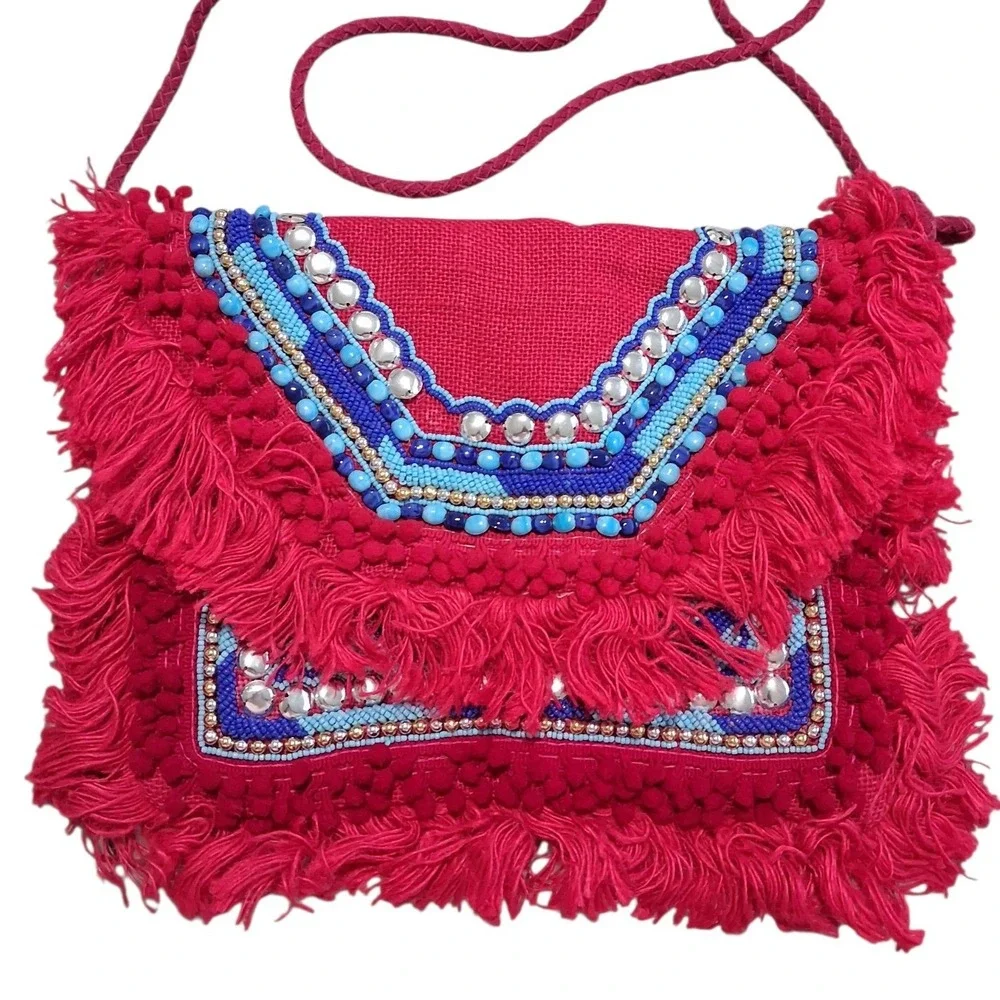 Shashi Elaine Beaded‎ Fringe Potato Sak Maximalist Colorful Hippie Shoulder Bag